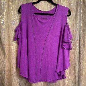 Free People We The Free Purple Rayon Linen Blend Cold Shoulder T Shirt Large